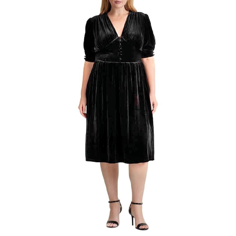 LAUREN Ralph Lauren Black Velvet Midi Dress Size 2X V-Neck Puff Sleeve A-Line
